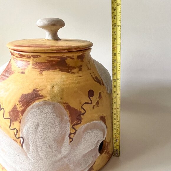 Handmade Art Pottery Ceramic Water Dispenser Crock White Floral on Yellow Signed - Picture 10 of 16